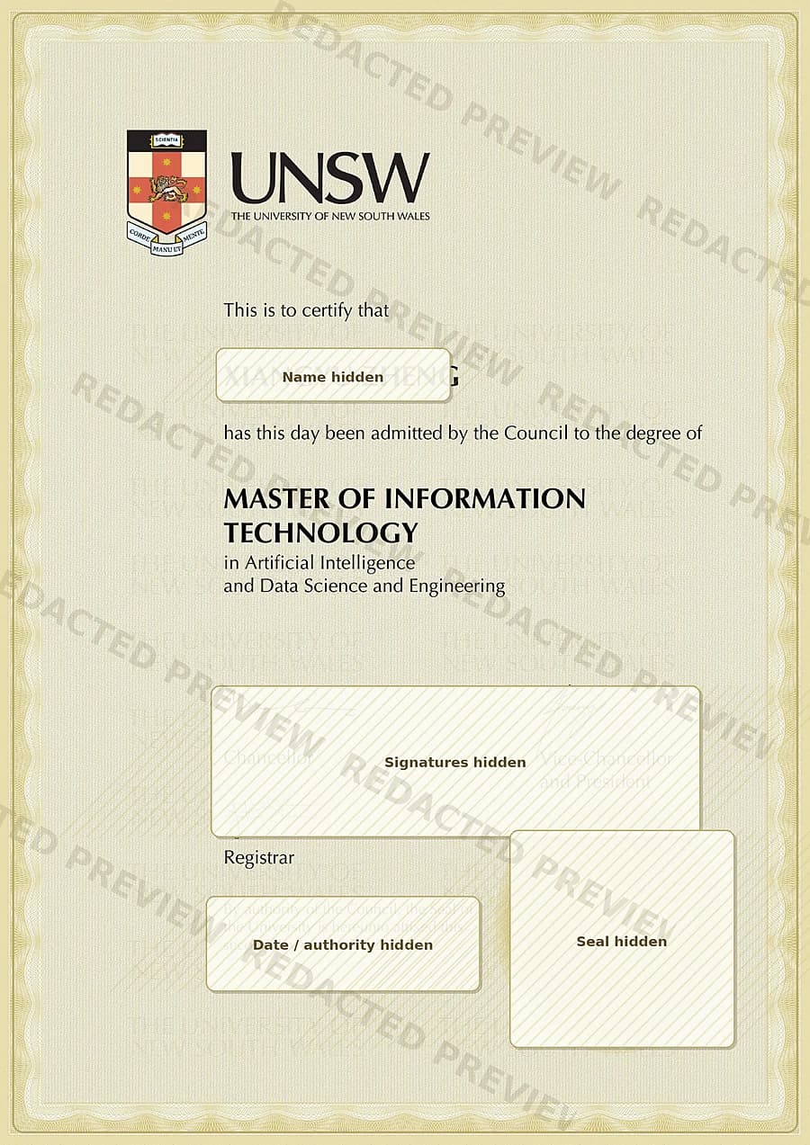Redacted UNSW testamur preview for Xiangyu Zheng