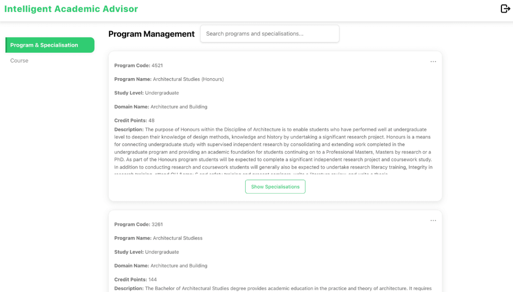Program management page displaying UNSW program information and specialisation controls.