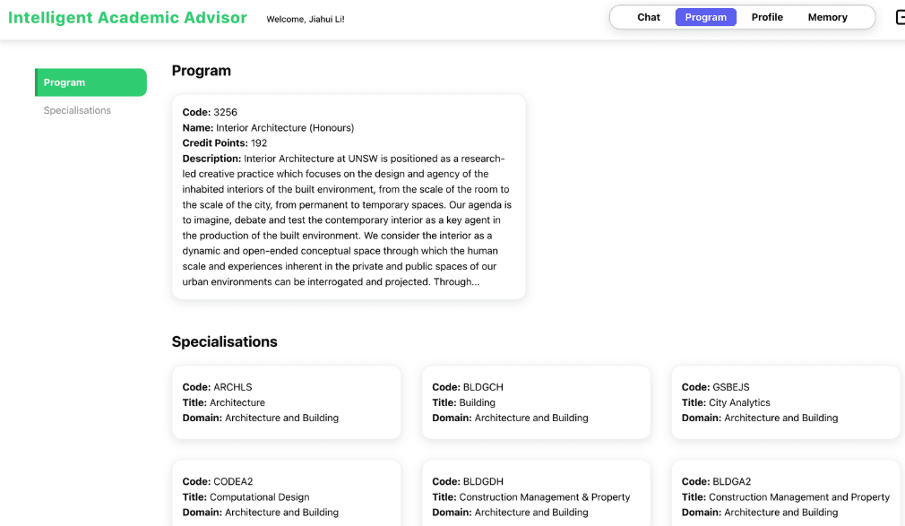 Program page showing academic program details and specialisation cards.
