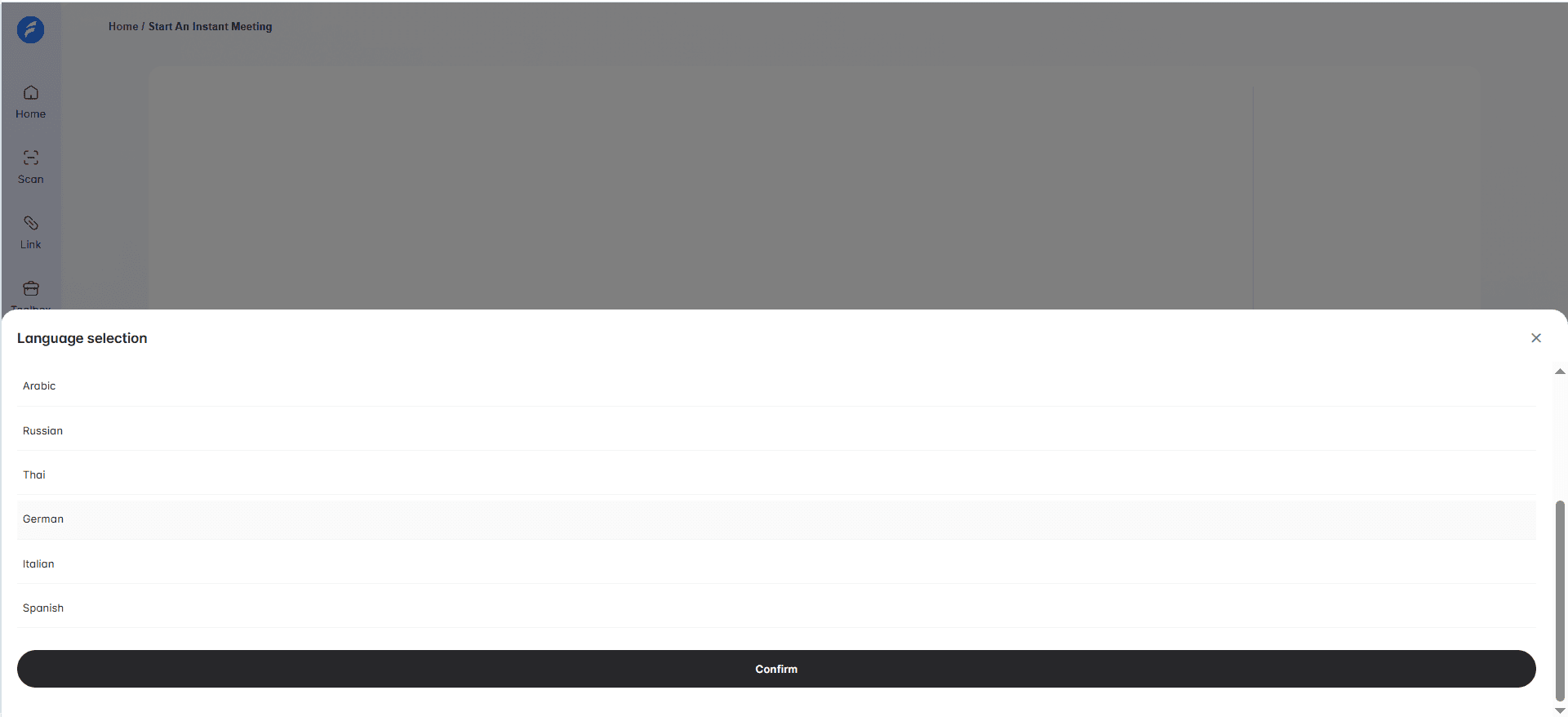 IFA Translator language selection modal