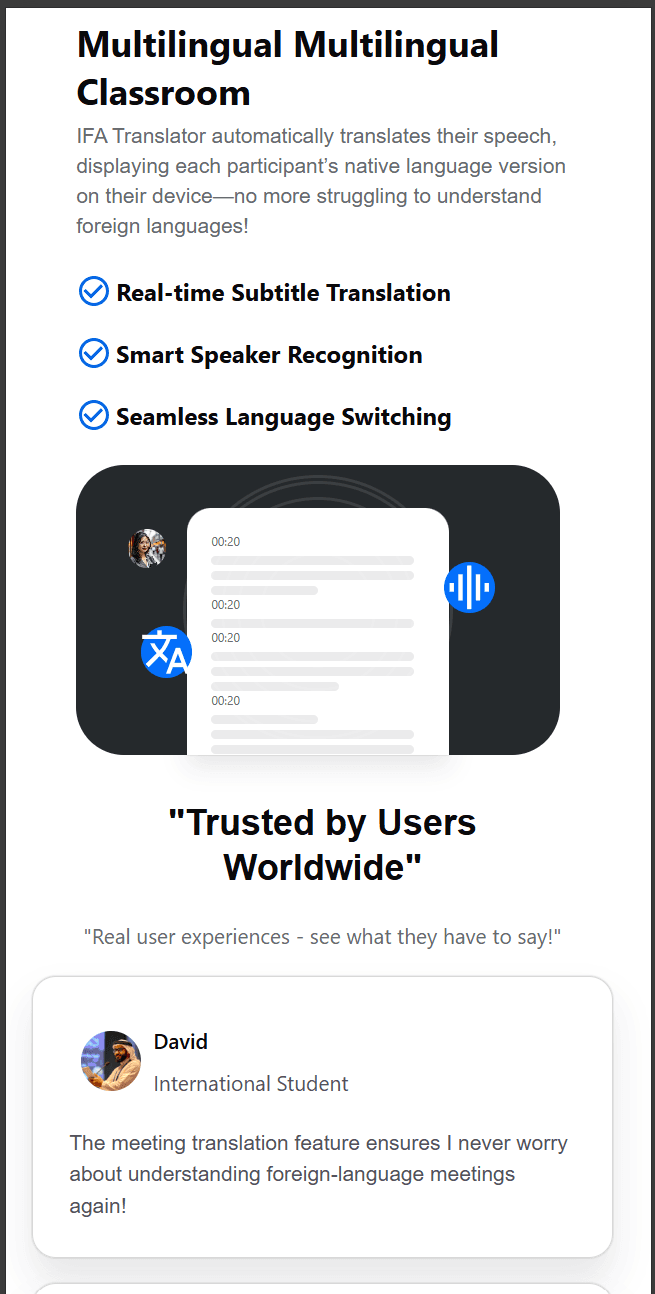 IFA Translator mobile landing page