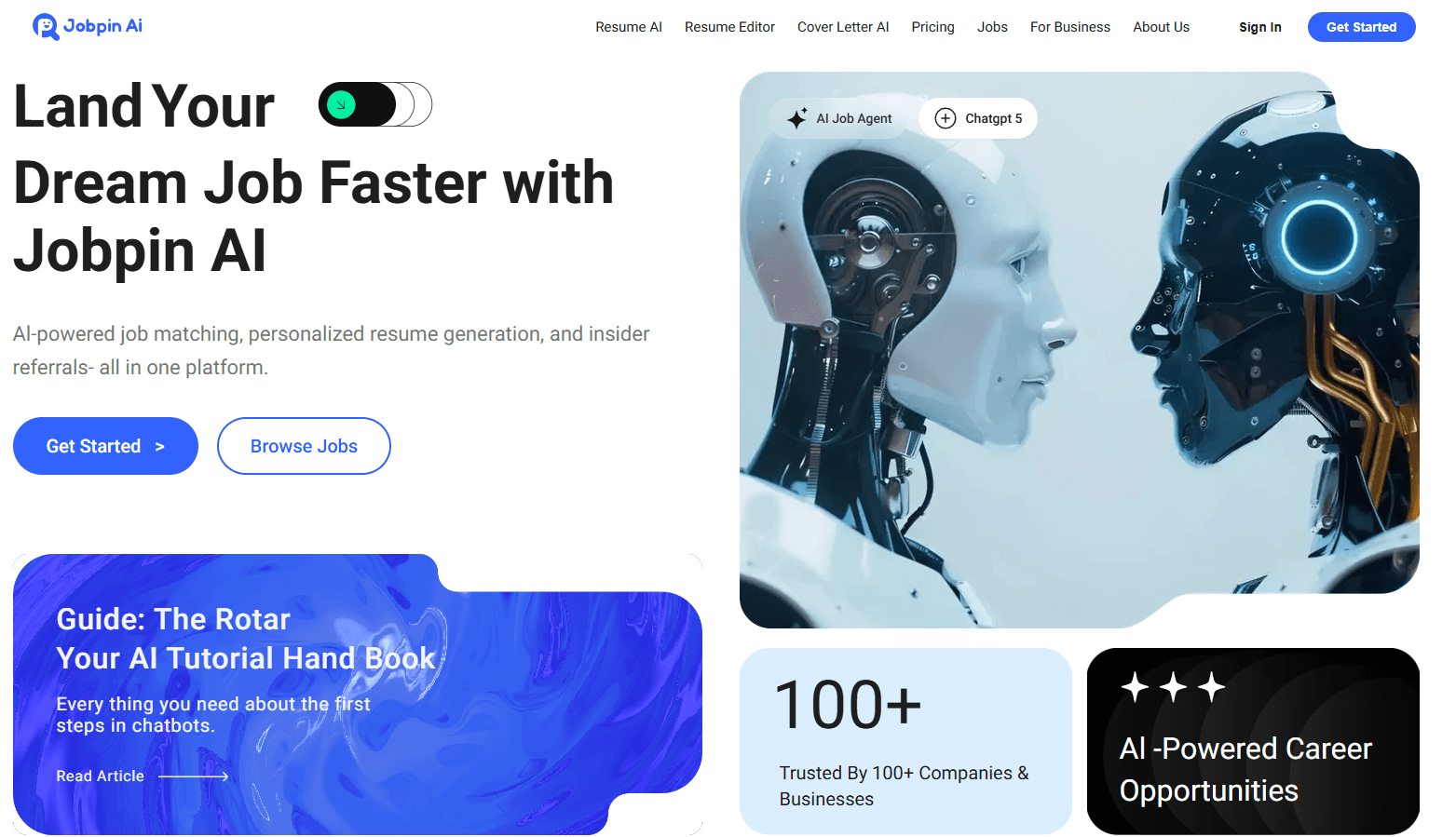 Jobpin AI landing page showing AI-powered career platform messaging.